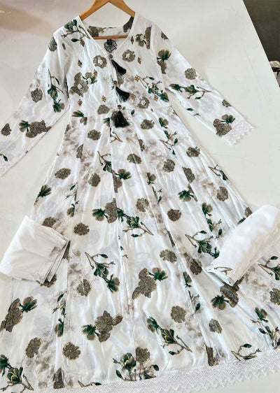 ASF9004 Sheikha White/Green Readymade Rayon Printed Gown - Memsaab Online