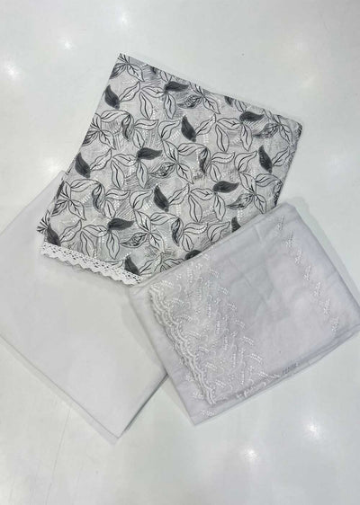 ATQ White/Grey Solo B Leaf Print- Unstitched Cotton Suit - Memsaab Online