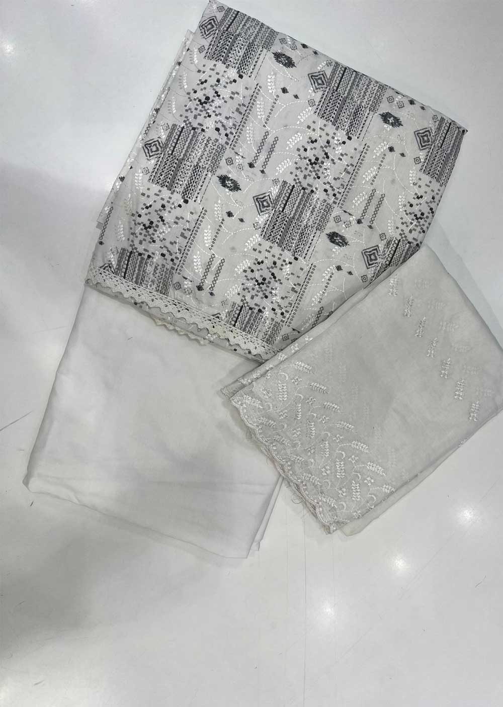 ATQ White/Grey Solo C Box print- Unstitched Cotton Suit - Memsaab Online