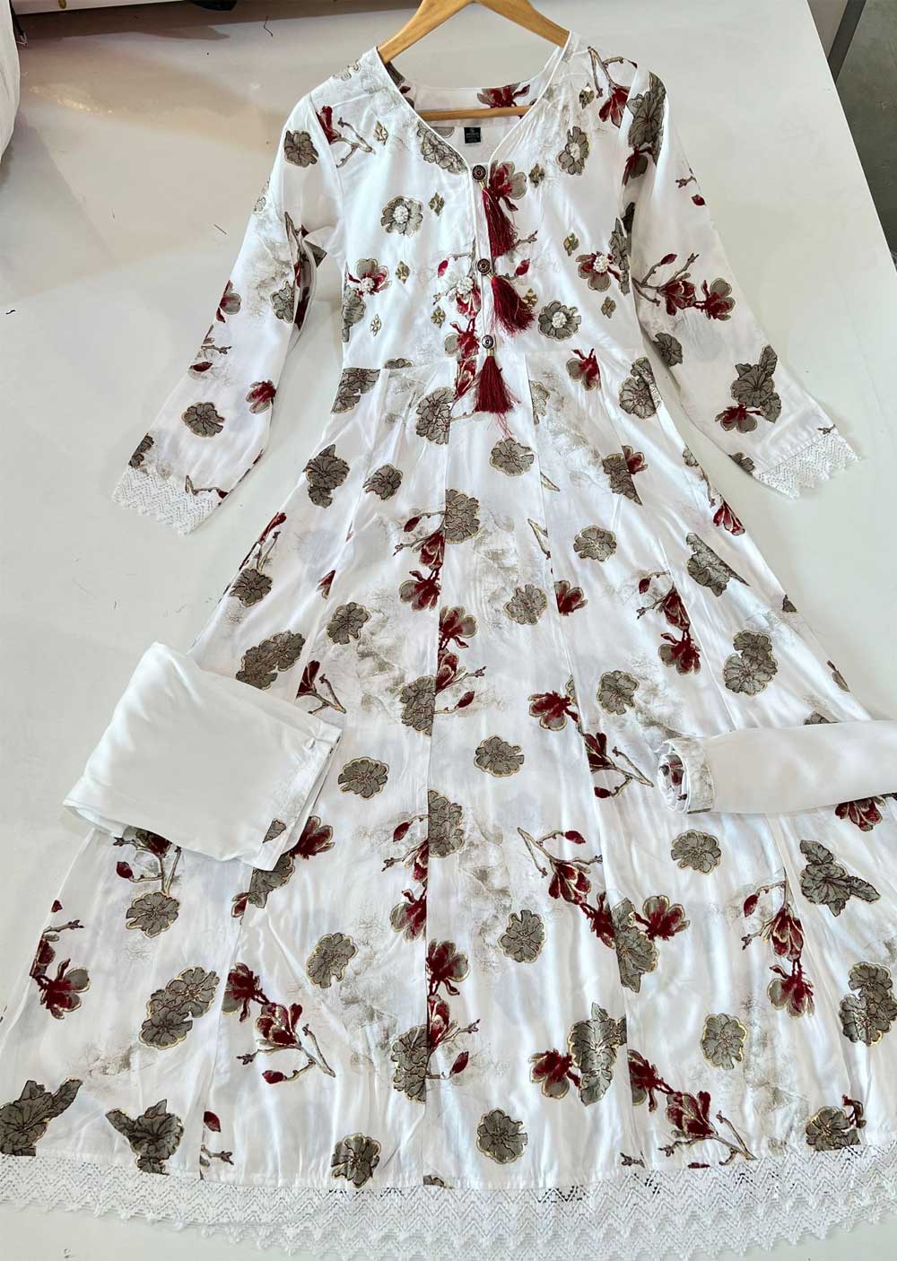 ASF9004 Sheikha White/Red Readymade Rayon Printed Gown - Memsaab Online