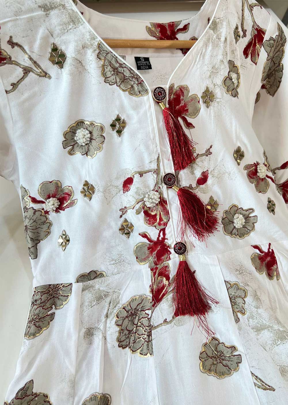 ASF9004 Sheikha White/Red Readymade Rayon Printed Gown - Memsaab Online