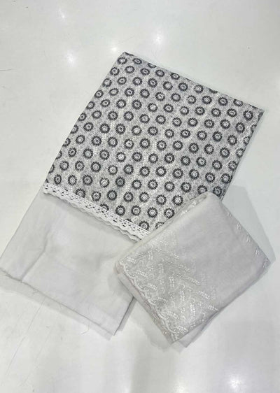 ATQ White/Grey Solo A Circle print- Unstitched Cotton Suit - Memsaab Online