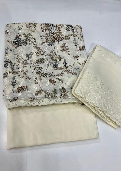 ATQ6831 - Unstitched Cream Cotton Suit - Memsaab Online
