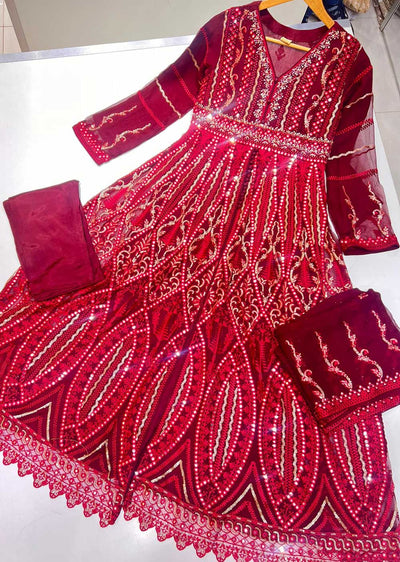 PS0800 Readymade Red Chiffon Wedding Suit - Memsaab Online