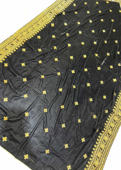 VLT-02 - Black - Embroidered Velvet Shawl - Memsaab Online