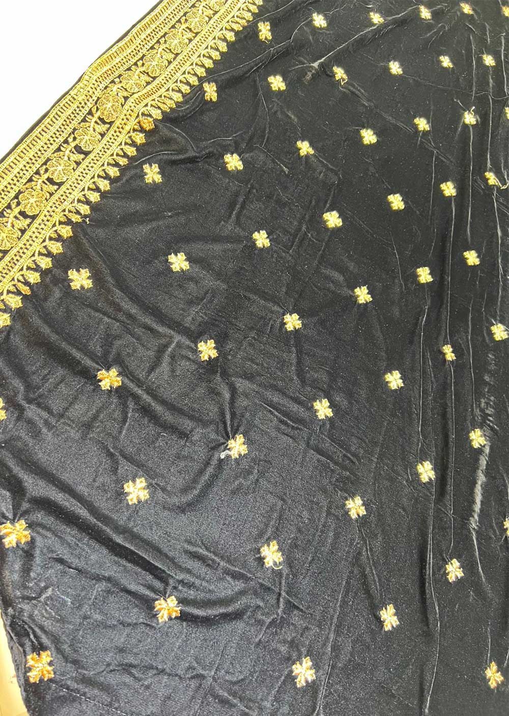 VLT-02 - Black - Embroidered Velvet Shawl - Memsaab Online
