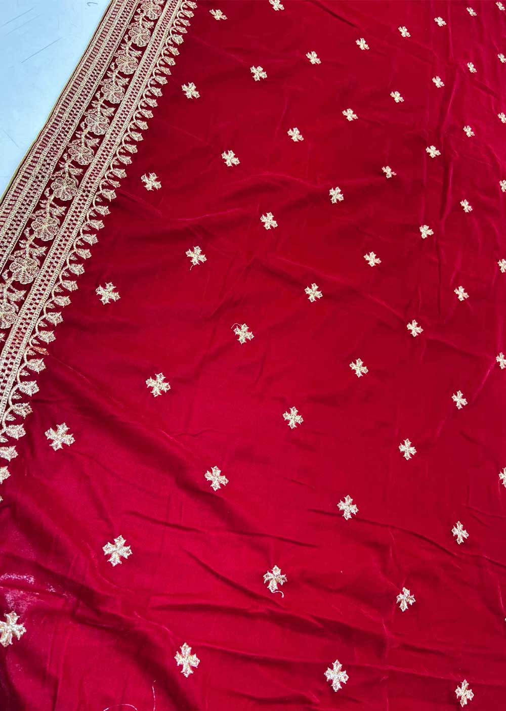 VLT-02 - Red - Embroidered Velvet Shawl - Memsaab Online