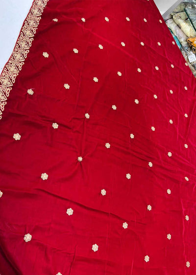 VLT-03 - Red - Embroidered Velvet Shawl - Memsaab Online