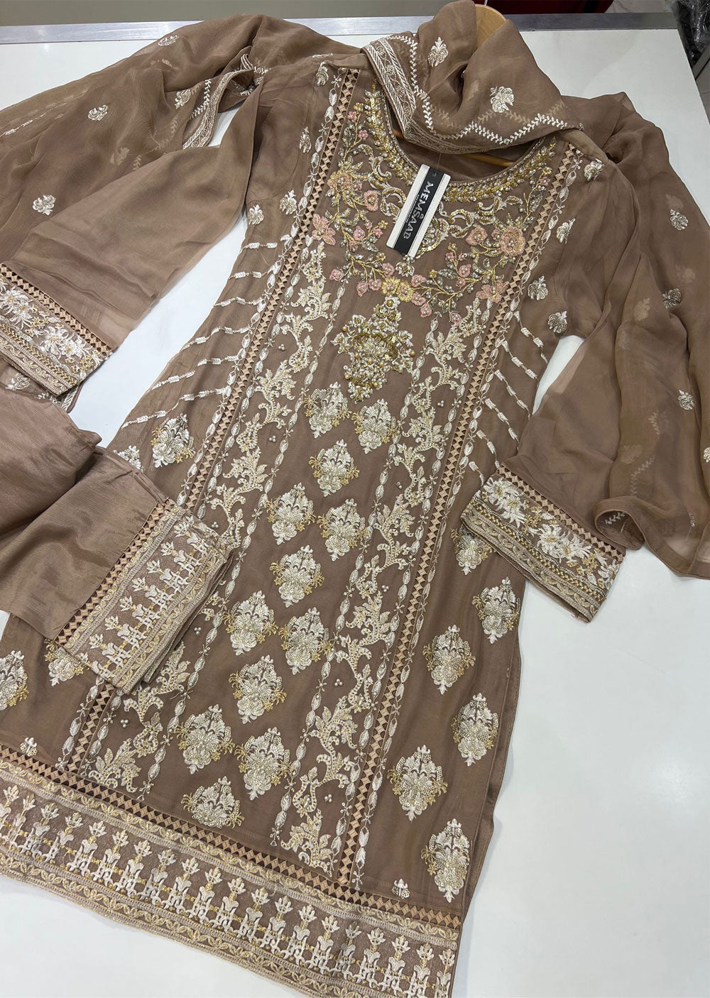 PS0785 Readymade Brown Chiffon Suit - Memsaab Online