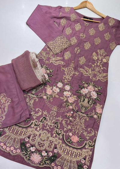HK08 Readymade Lilac Embroidered Linen Suit - Memsaab Online