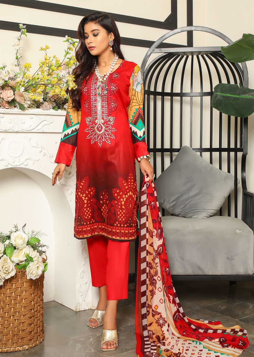 AMT38008 Red Readymade Lawn Suit - Memsaab Online