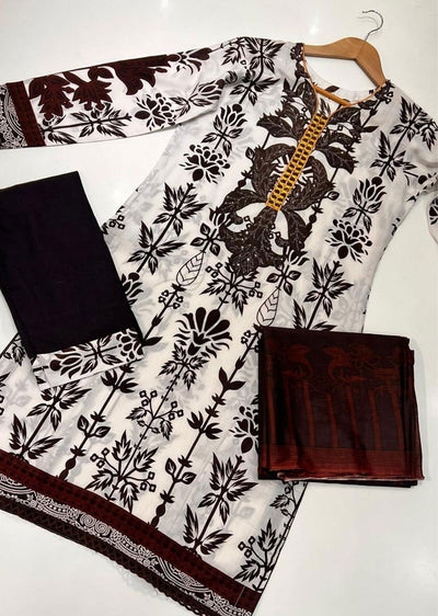 AMT37001 White/Black Readymade Lawn Suit - Memsaab Online