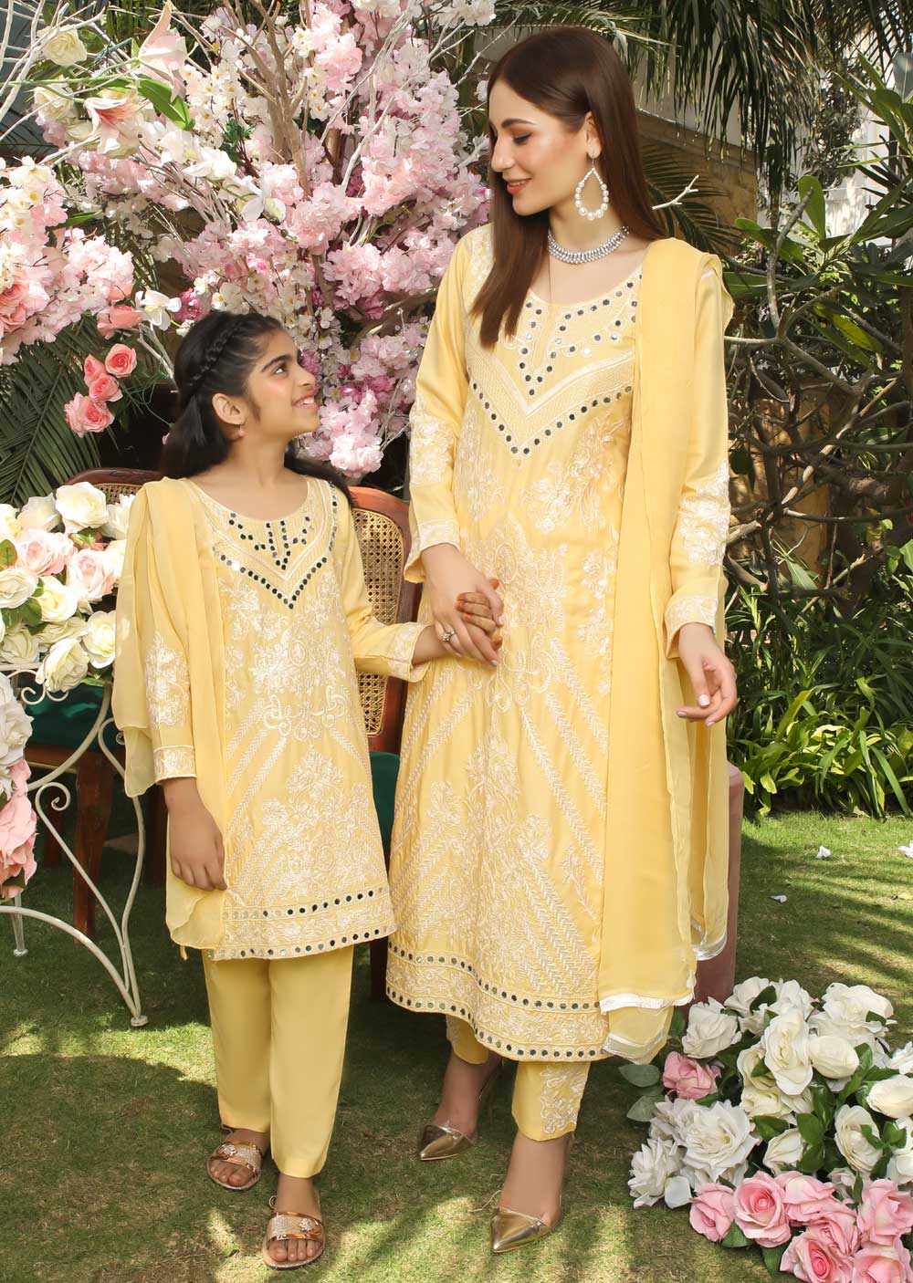 HK192 Barzakh Lemon Readymade Linen Mother & Daughter Suit - Memsaab Online