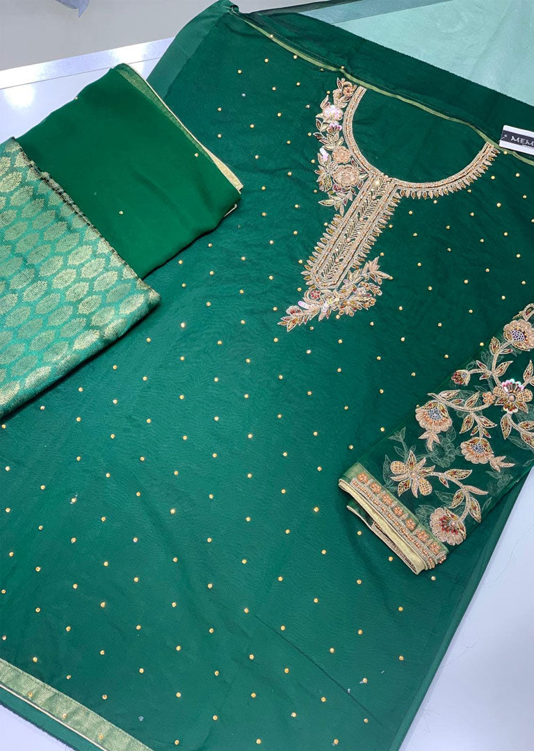 KR5603 Green Unstitched Organza Wedding Suit - Memsaab Online