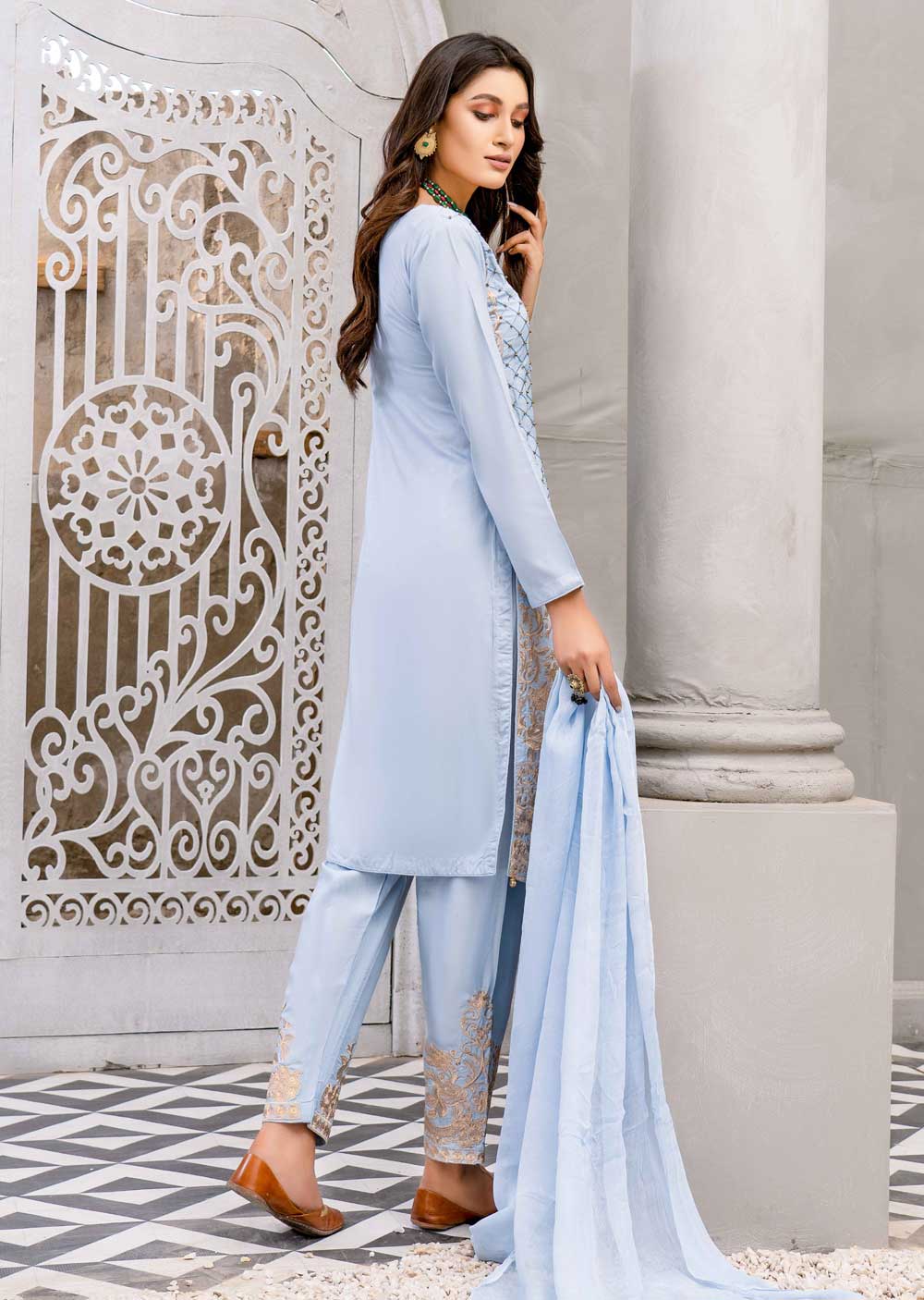 HK36 Light Blue Linen Embroidered Suit - Memsaab Online
