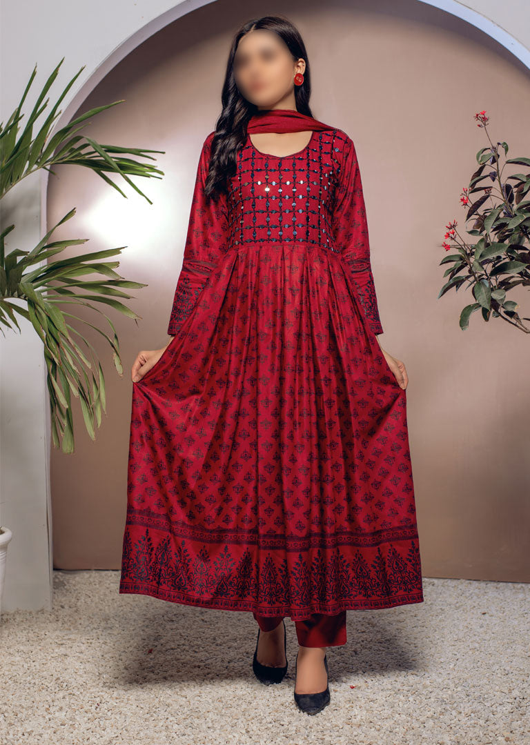 HK56 Bariqa - Red Embroidered Linen Frock - Memsaab Online