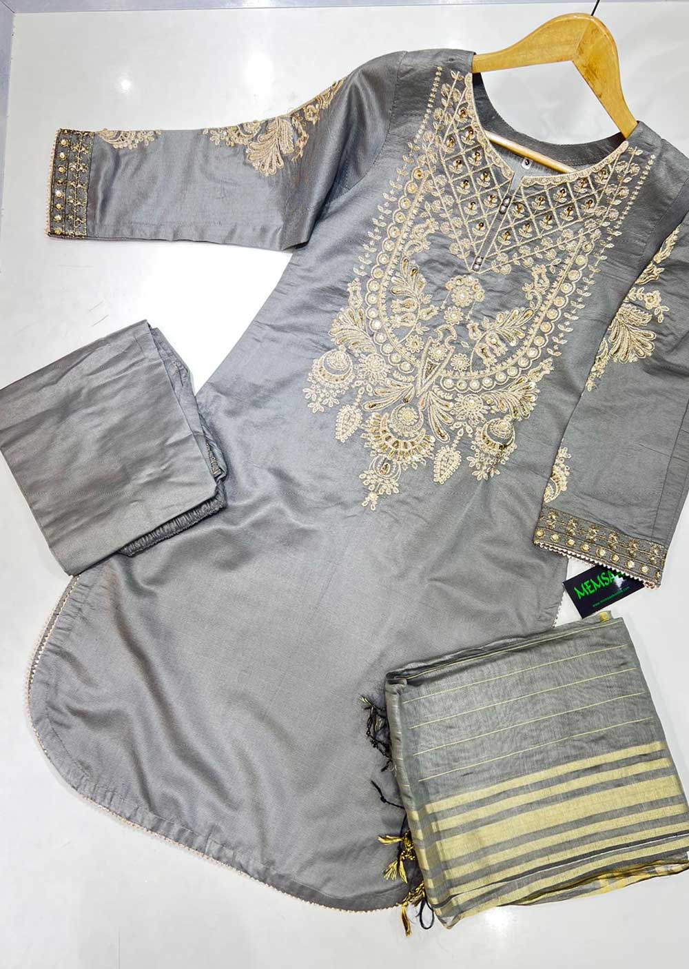 KLD122 Grey Readymade Winter Cotton Net Suit - Memsaab Online