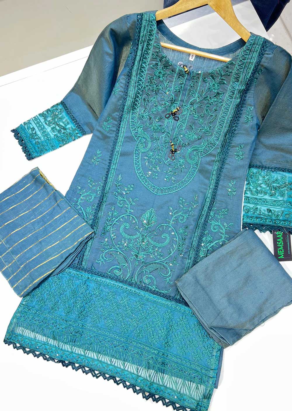 KLD127 Green Readymade Winter Cotton Net Suit - Memsaab Online