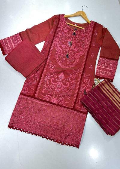 KLD127 Red Readymade Winter Cotton Net Suit - Memsaab Online