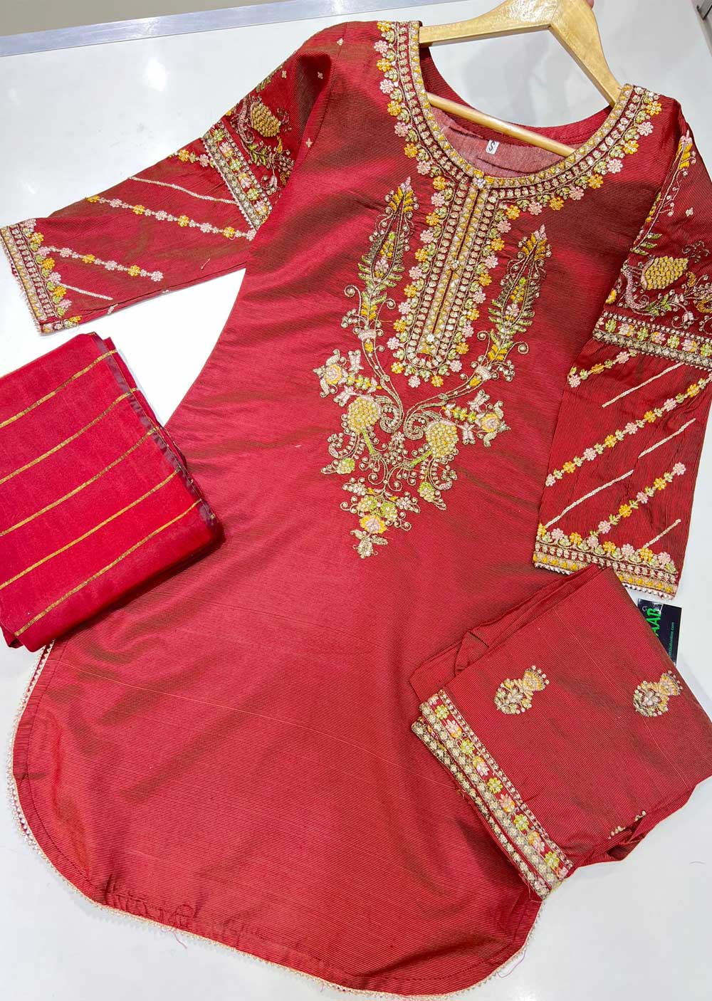 KLD128 Red Readymade Winter Cotton Net Suit - Memsaab Online