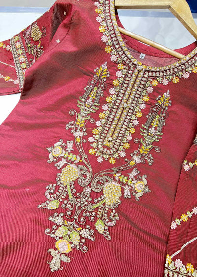 KLD128 Red Readymade Winter Cotton Net Suit - Memsaab Online
