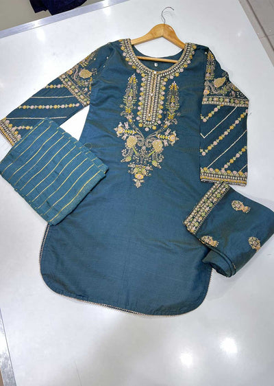 KLD128 Teal Readymade Winter Cotton Net Suit - Memsaab Online