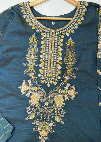 KLD128 Teal Readymade Winter Cotton Net Suit - Memsaab Online