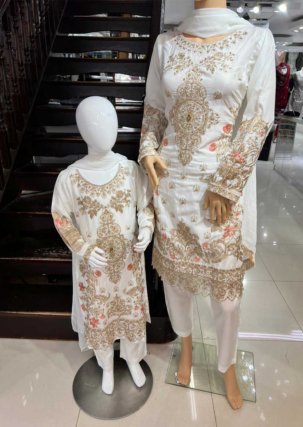 HK128 Rahat White Readymade Mother & Daughter Suit - Memsaab Online