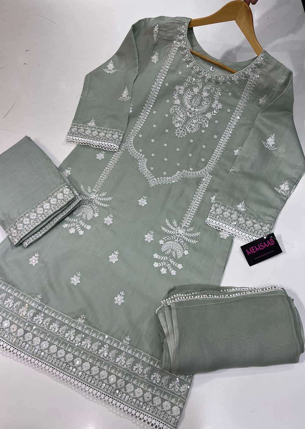KLD129 Mint Readymade Winter Cotton Net Suit - Memsaab Online