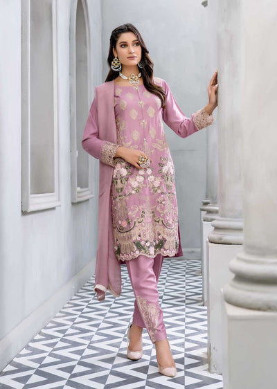 HK08 Readymade Lilac Embroidered Linen Suit - Memsaab Online