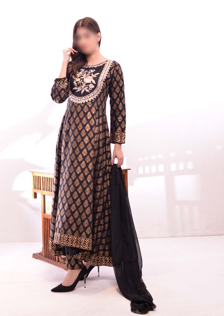HK47 Black Embroidered Linen Suit - Memsaab Online