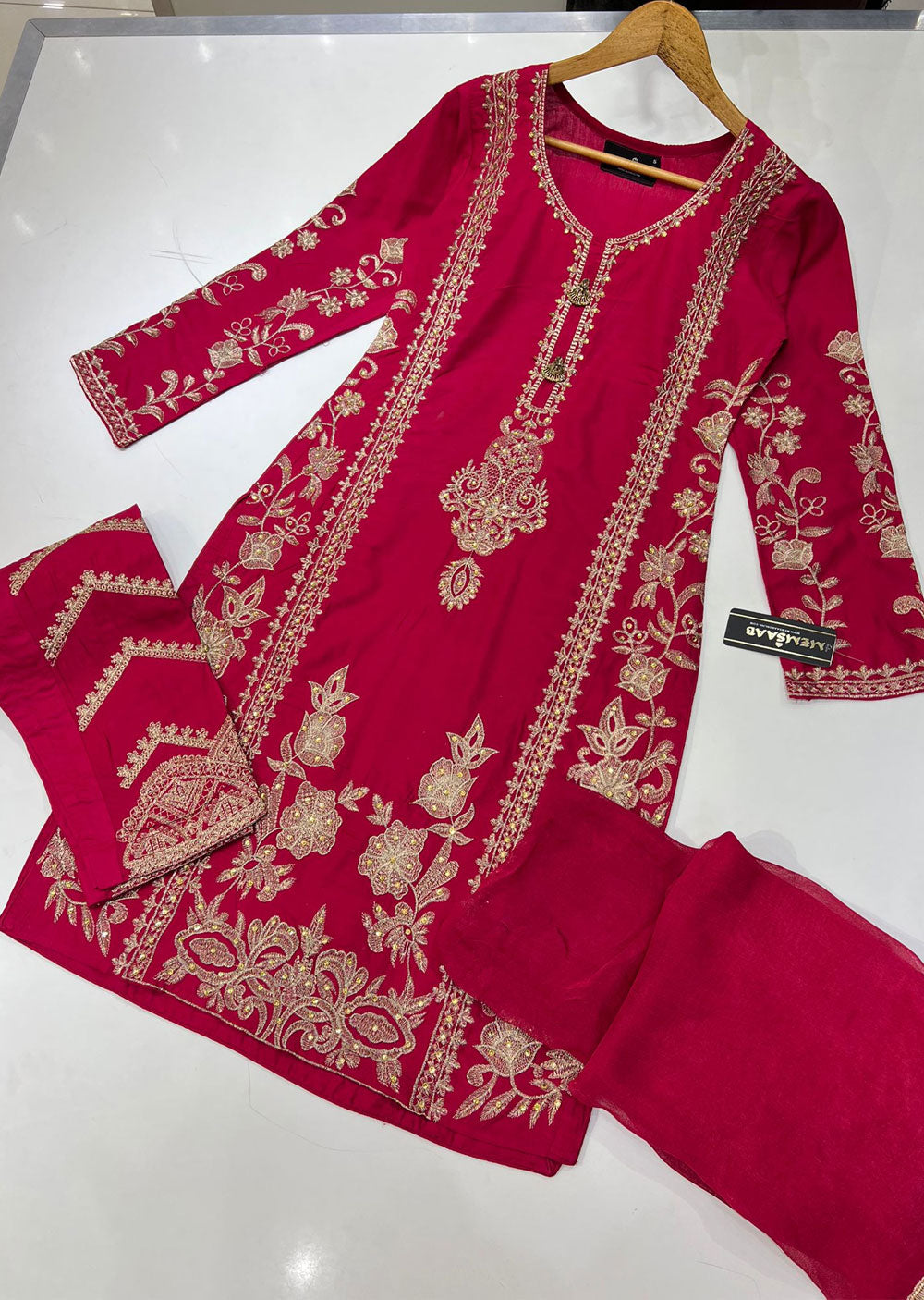 HK132 Hawwa Readymade Hot Pink Linen Suit - Memsaab Online