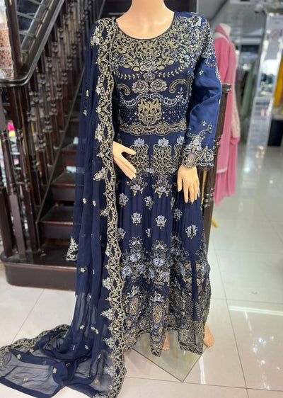 ZN1405 - Dark Blue Chiffon Readymade Maxi Dress - Memsaab Online