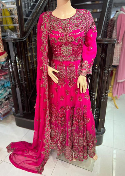 ZN1405 - Shocking Pink Chiffon Readymade Maxi Dress - Memsaab Online