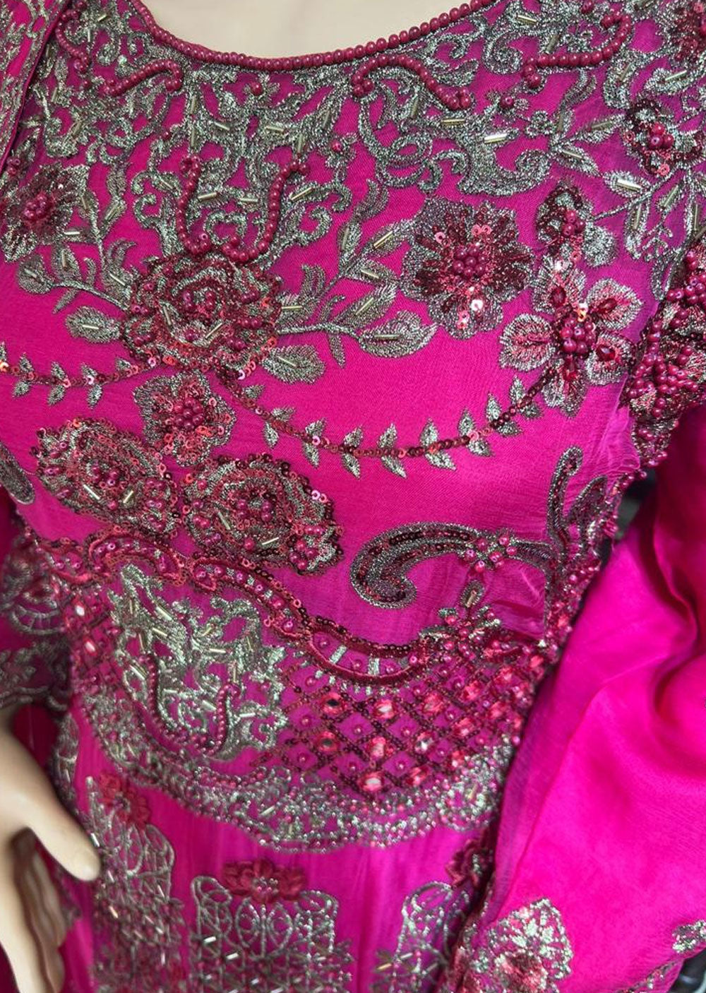 ZN1405 - Shocking Pink Chiffon Readymade Maxi Dress - Memsaab Online