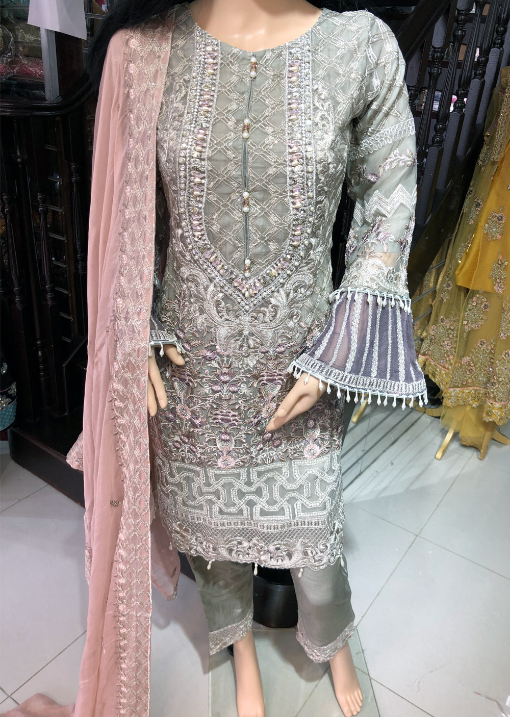 1515 Readymade Grey Pakistani Chiffon Suit - Memsaab Online