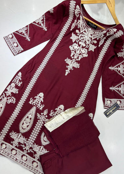 HK156 Lazza - Readymade Maroon Linen Suit - Memsaab Online