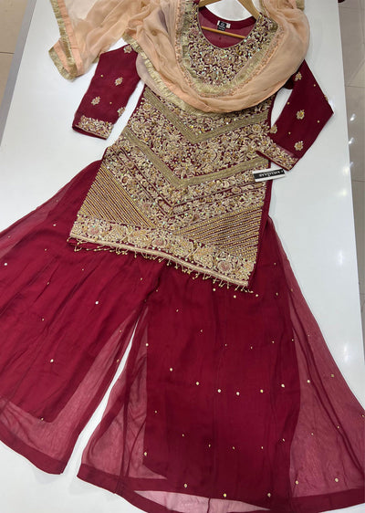 ZN1634 - Maroon Wedding Shararah Suit - Memsaab Online