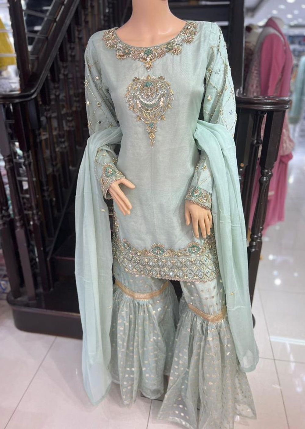 ZN1650 - Mint Wedding Shararah Suit - Memsaab Online
