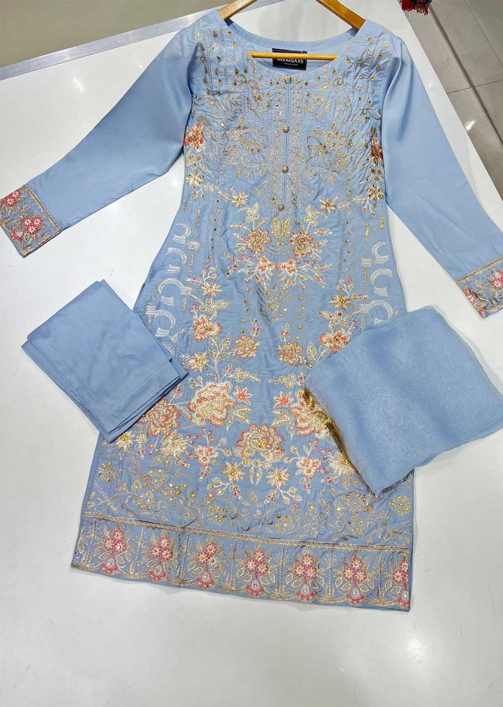 HK168 Kahani - Readymade Baby Blue Linen Suit - Memsaab Online