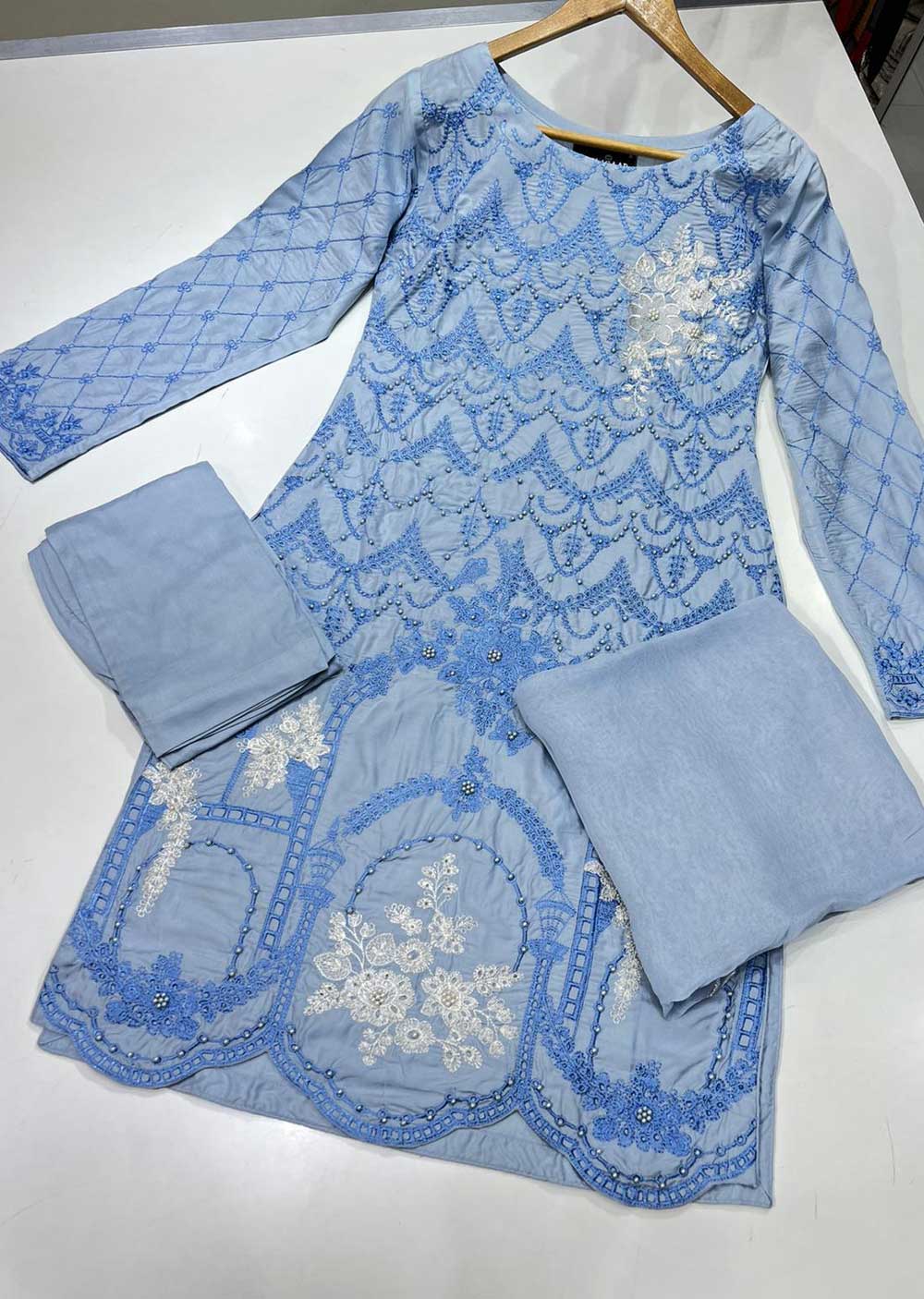 HK169 Ruhayli - Readymade Baby Blue Linen Suit - Memsaab Online