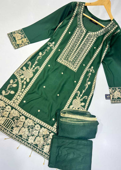 HK191 Maheer Readymade Green Linen Suit - Memsaab Online