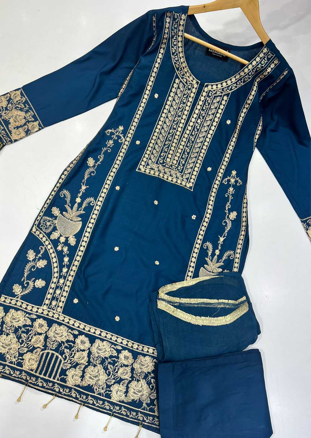 HK191 Maheer Readymade Teal Linen Suit - Memsaab Online