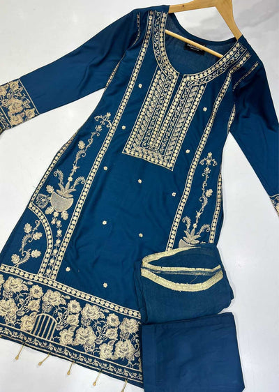 HK191 Maheer Readymade Teal Linen Suit - Memsaab Online