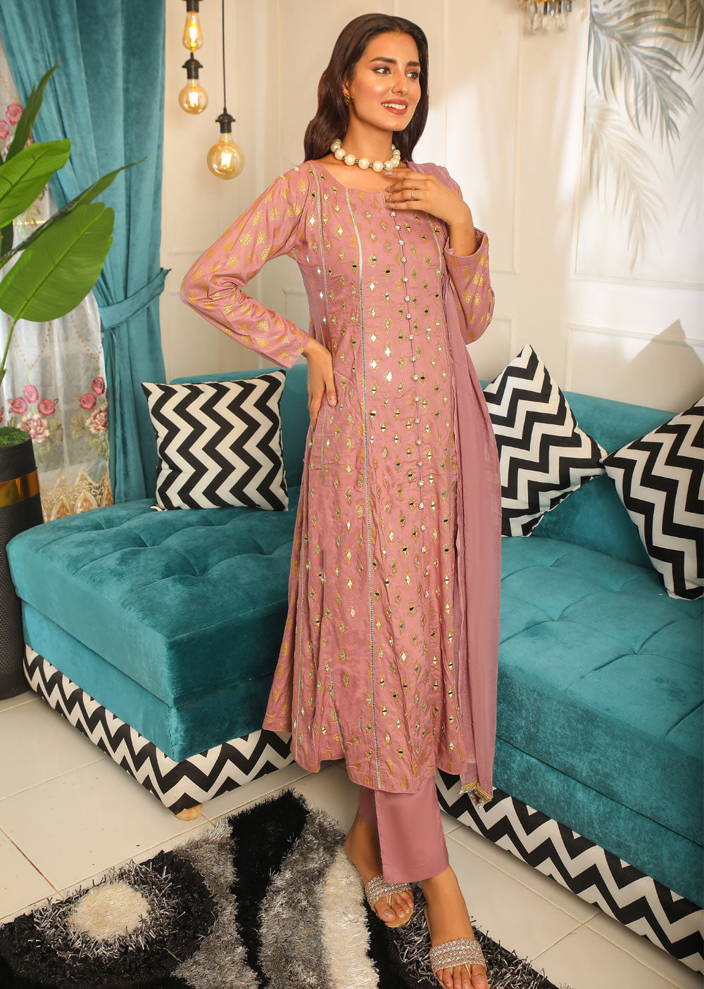 HK59 Sheesha - Lilac Linen Mother & Daughter Mirror Suit - Memsaab Online