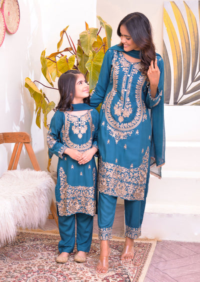 HK126 Habiba Teal Readymade Mother & Daughter Suit - Memsaab Online