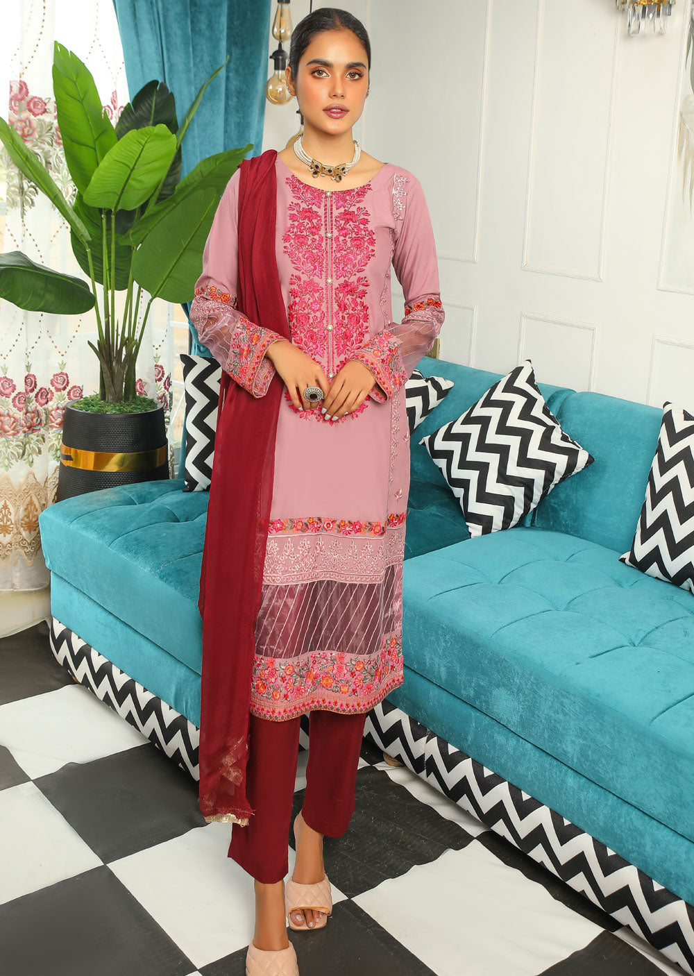 HK142 Dhalia Pink Readymade Linen Suit - Memsaab Online