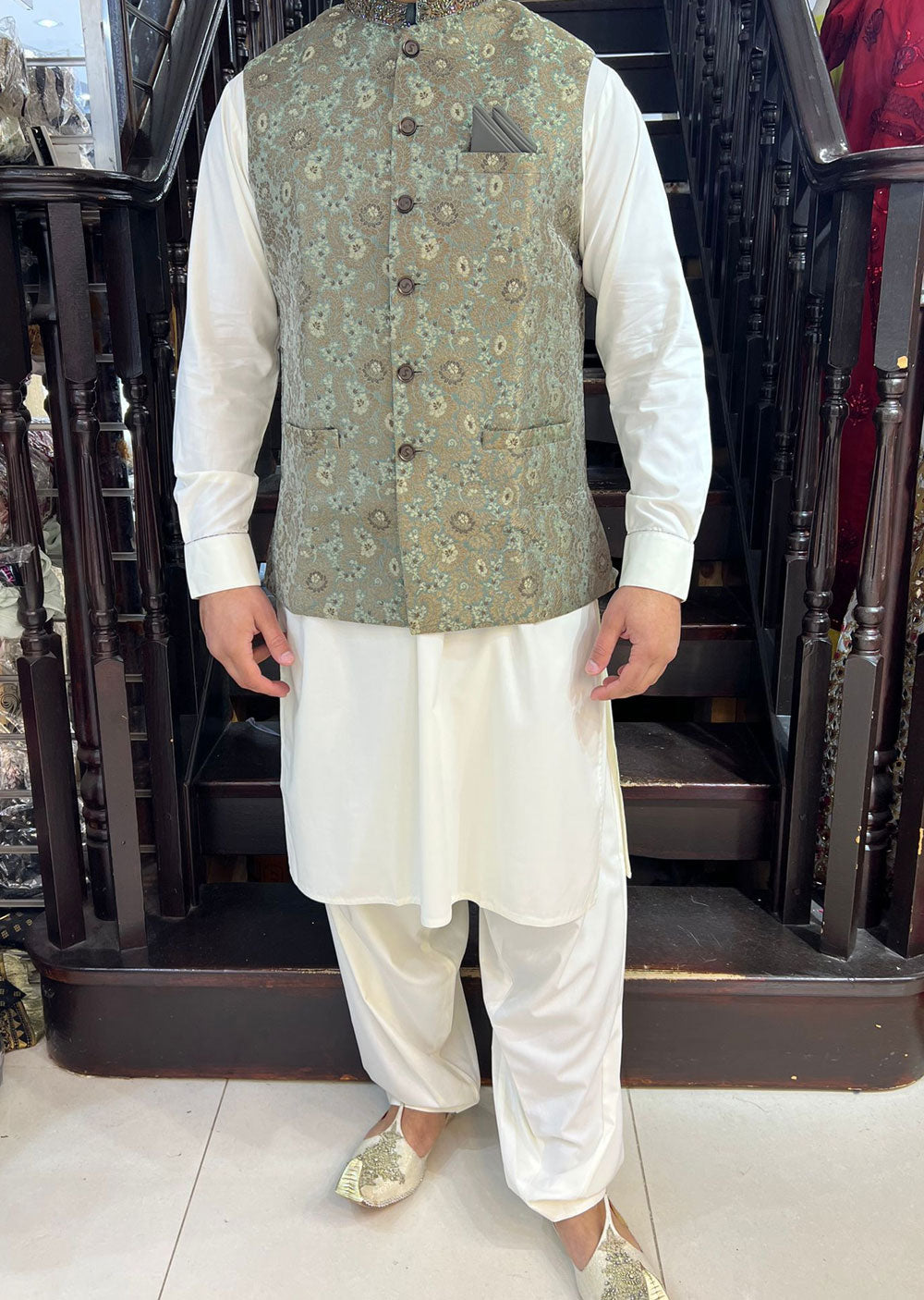 MW-02 - Ready To Wear - Mens 3 piece Salwar Kameez Waist coat set - Memsaab Online
