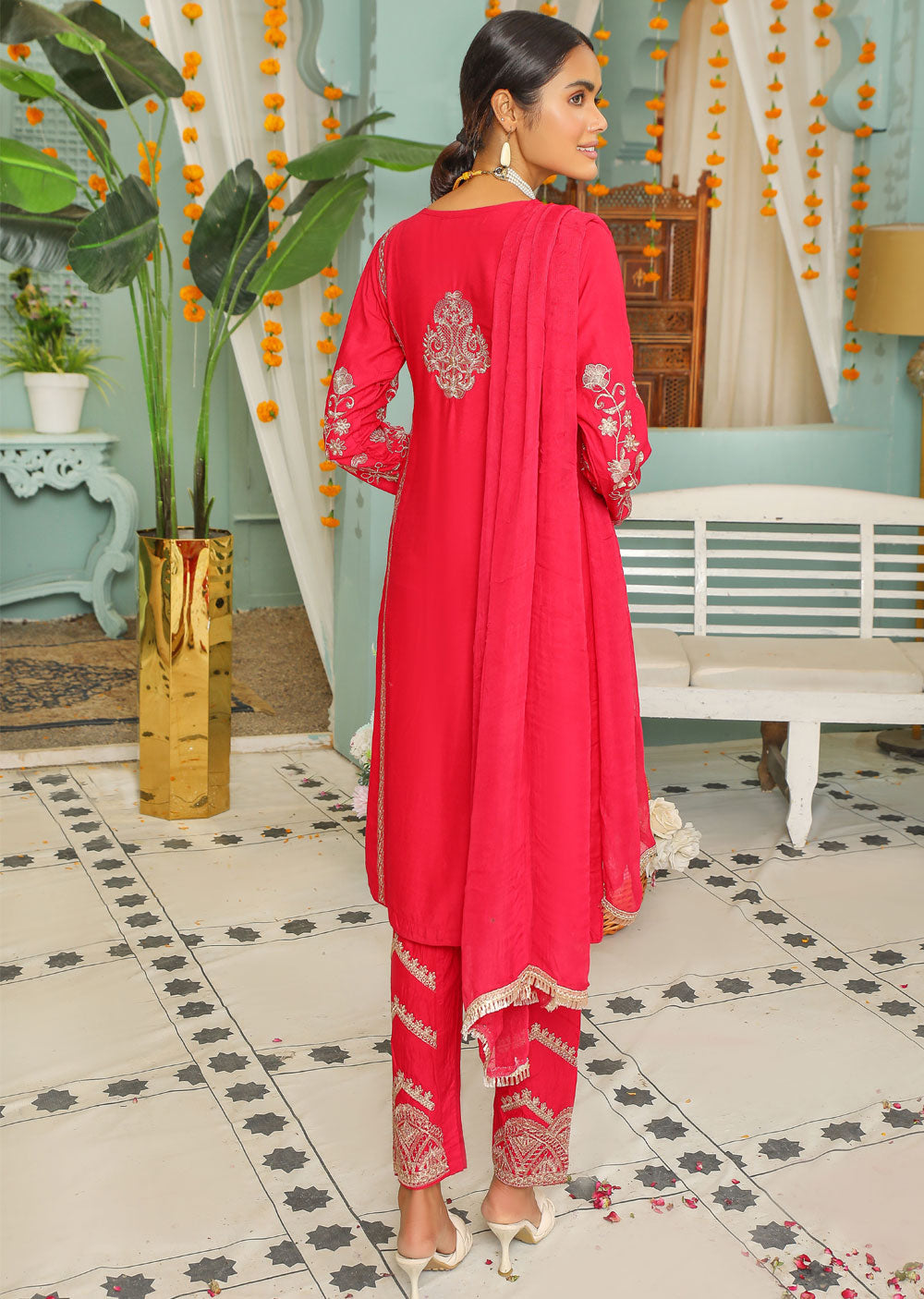 HK132 Hawwa Readymade Hot Pink Linen Suit - Memsaab Online