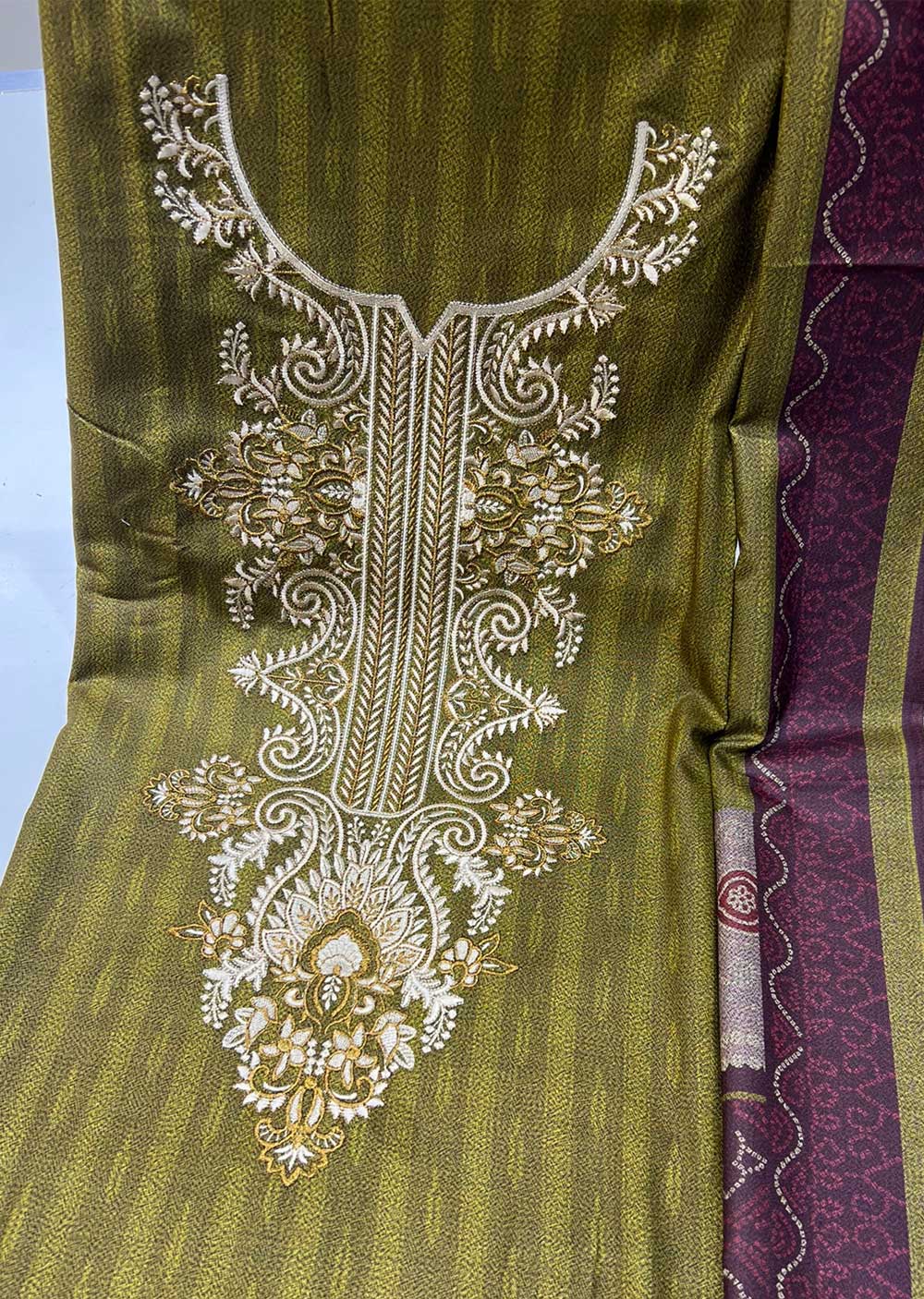 SHN203 Unstitched Embroidered Dhanak Suit - Memsaab Online
